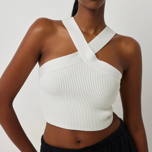 debut Tops - Debut Women’s White Ribbed Cross-Strap Crop Top Size Small
